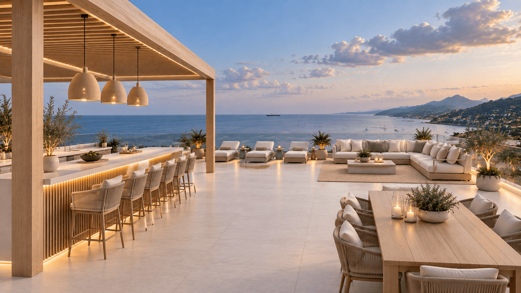Rooftop bar and lounge overlooking the sea at sunset