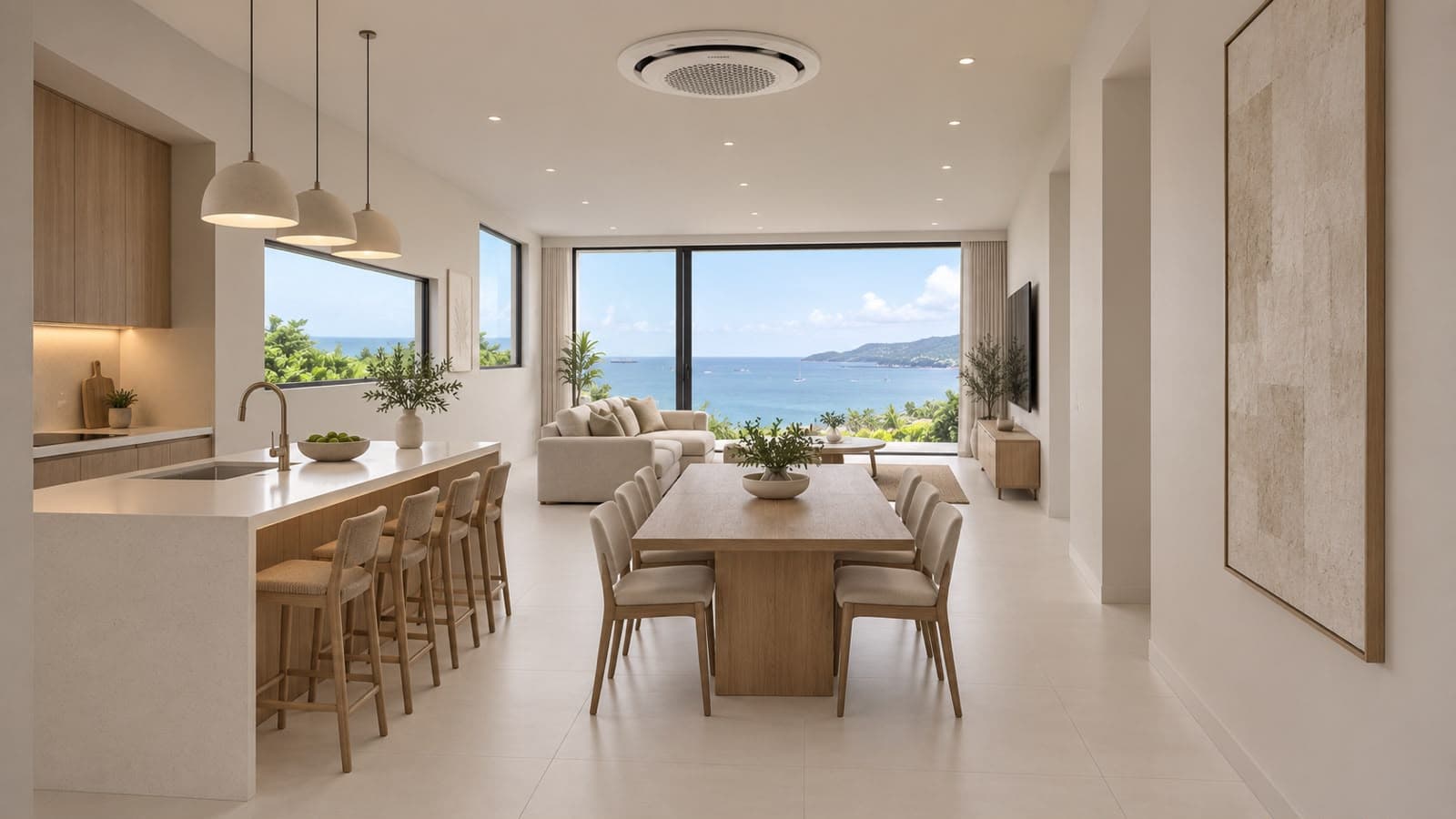 Ocean-facing kitchen and living room in the West Wing